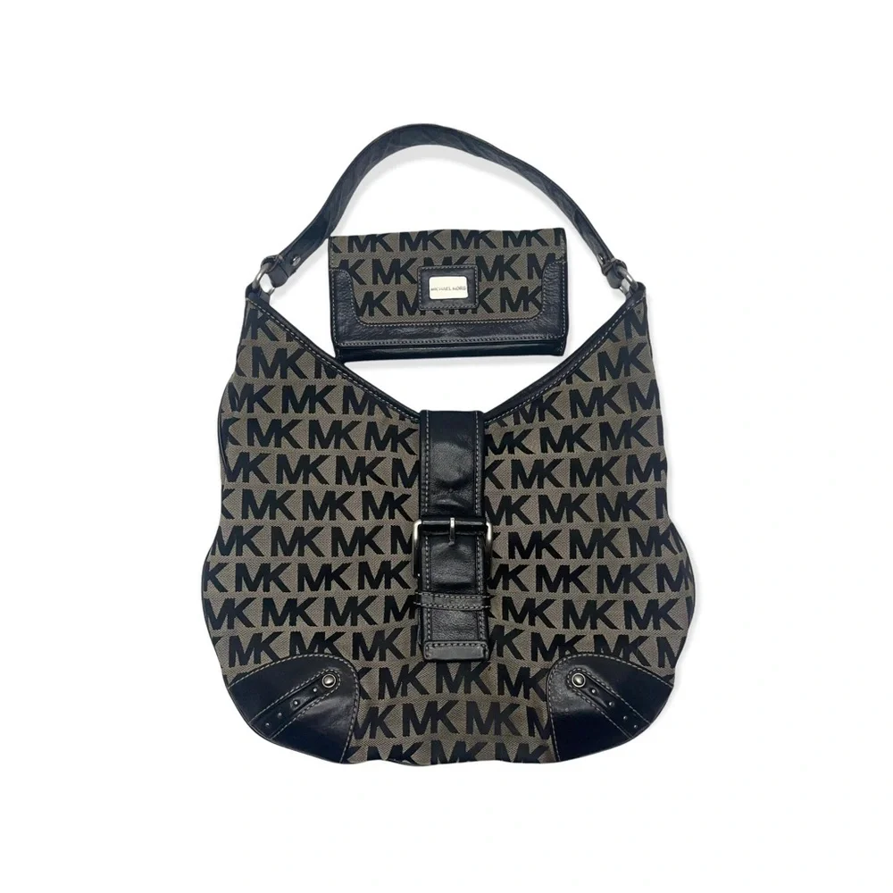 MICHAEL KORS Black & Tan Signature MK Hobo, Wallet & Wristlet Bundle